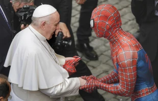 Mattia Villardita, a 28-year-old Italian who dresses up as Spider-Man, attends the general audience at the Vatican, June 23, 2021. Pablo Esparza/CNA.